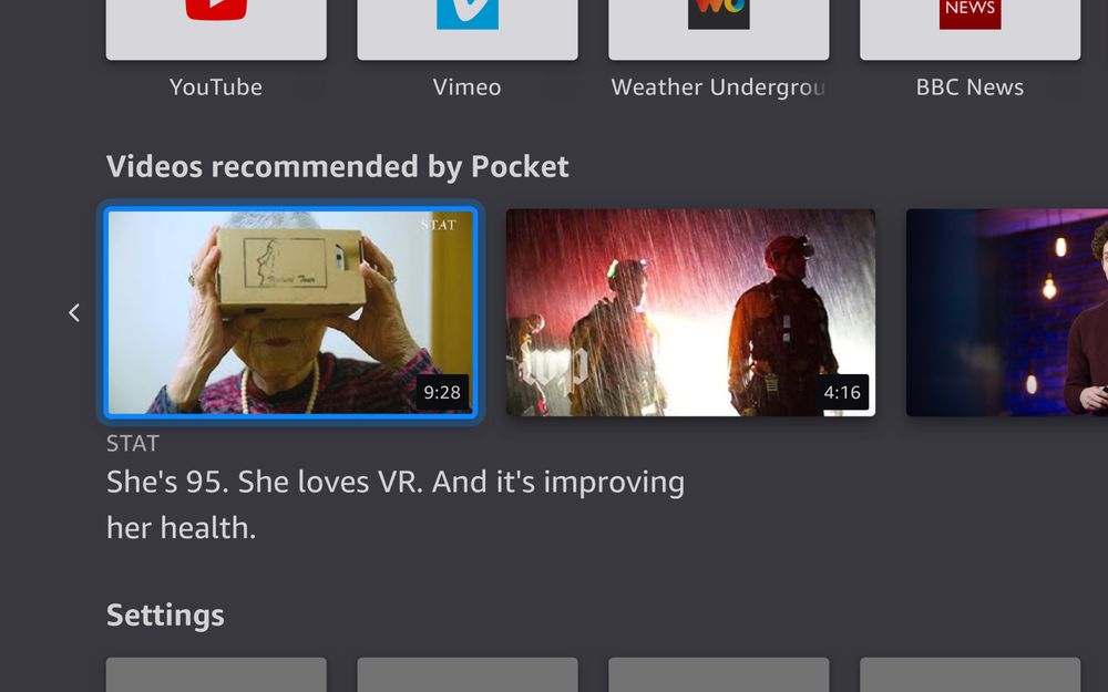 Firefox homescreen with Pocket recommendation row focused